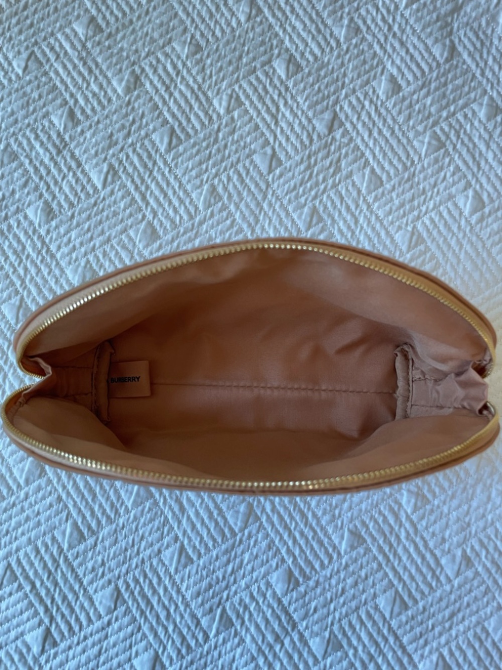 Burberry tan cosmetic pouch with gold tone zip-close and embossed BURBERRY logo - Picture 4 of 11